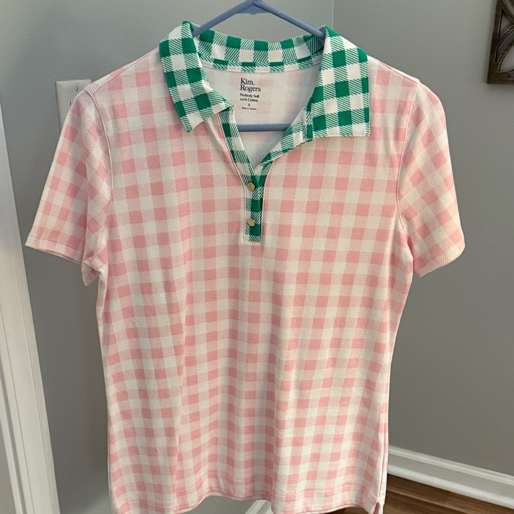 Kim Rogers Women's Polo with Pink and Green Checkered Design